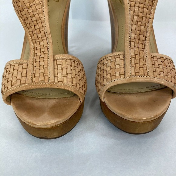 Rowen Sandals Womens‎ Sz 10 Beige Woven Leather Wooden Wedge Heel T Strap Zip - Picture 3 of 7